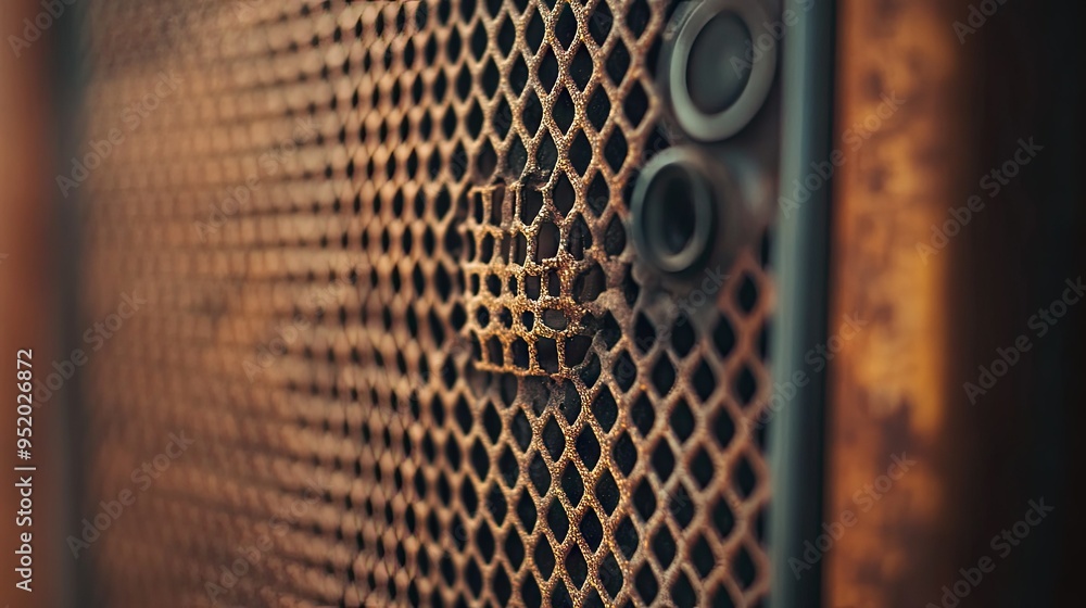 Poster a close-up of the mesh grill of a vintage speaker, with the texture and retro design elements adding