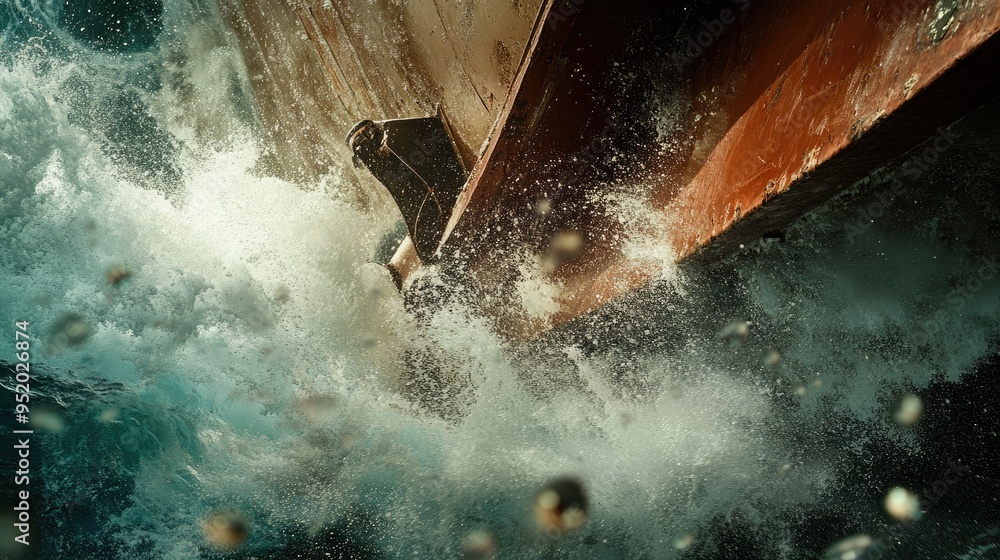 Poster a close-up of the massive propeller of a large ship as it churns through the water, with turbulent w