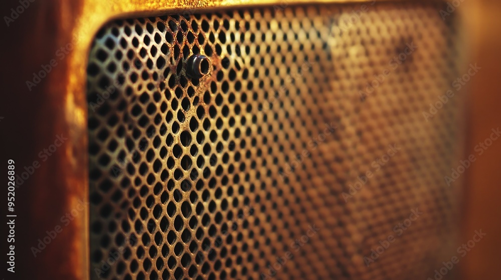 Poster a close-up of the mesh grill of a vintage speaker, with the texture and retro design elements adding