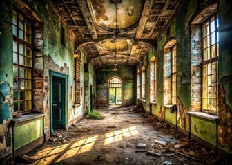 Obraz premium abandoned asylum crumbling walls eerie shadows forgotten lives