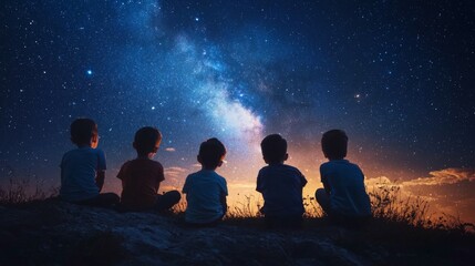 Fototapeta premium Children Watching Milky Way Night Sky Stars