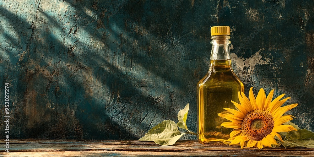 Wall mural A bottle of sunflower oil gleams on a rustic wooden table, showcasing the rich golden hue of the oil against the earthy backdrop