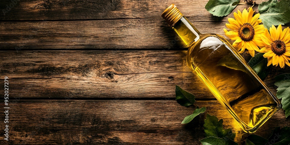 Poster A bottle of sunflower oil gleams on a rustic wooden table, showcasing the rich golden hue of the oil against the earthy backdrop