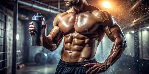 Sweat-drenched athlete holding a protein shaker bottle in a dimly lit gym, with a shallow depth of field emphasizing the rippling muscles, strong shadows, and warm tones.