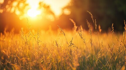 Obraz premium A close-up of the sun setting over a field of tall grass, with the golden light casting long shadows and creating a warm, natural ambiance.