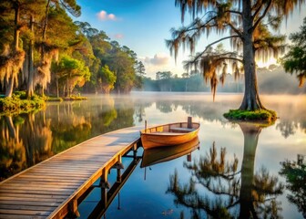 Obraz premium Secluded private dock on a serene Florida lake with a vintage wooden boat, cypress trees, and misty morning atmosphere