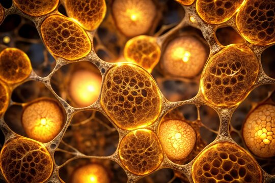 Brown adipose tissue cells illuminated under a microscope, with a shallow depth of field and soft, golden lighting to highlight their intricate structures and textures