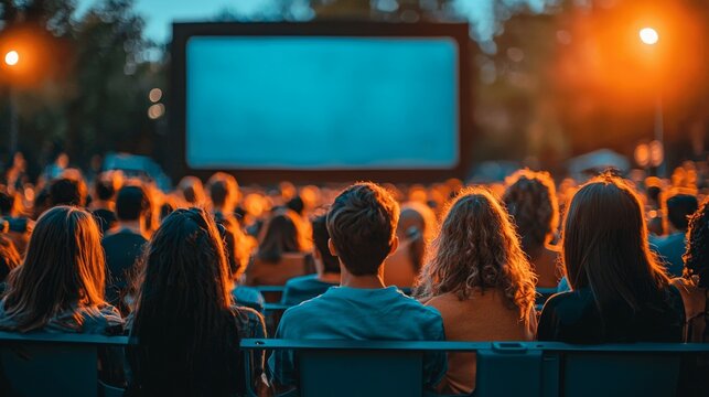 People watching a movie outdoors at night