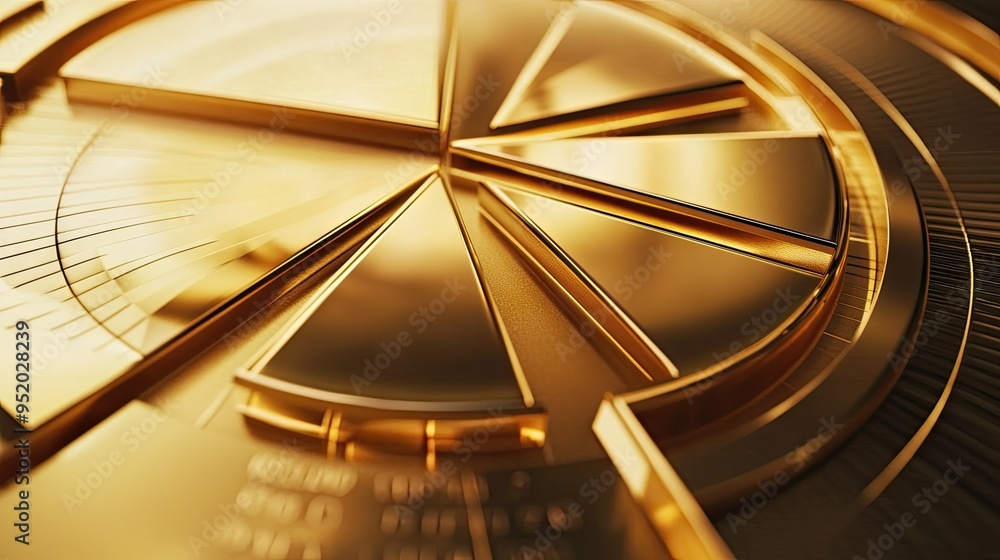 Poster a detailed shot of a 3d gold pie chart with shiny, golden segments, each section labeled with data, 
