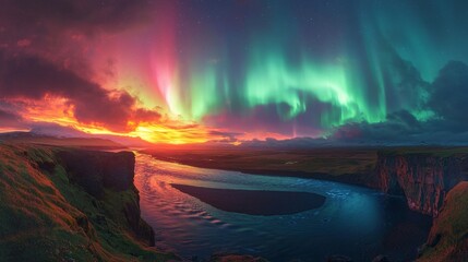 Epic Northern Lights Display Over Mountain Range With River And Sunset