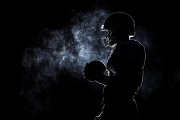 Silhouette dark scene of American football player in helmet holding football.  Fog and team. Concept
