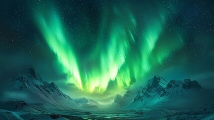 Northern Lights Aurora Borealis Display over Snowy Mountains