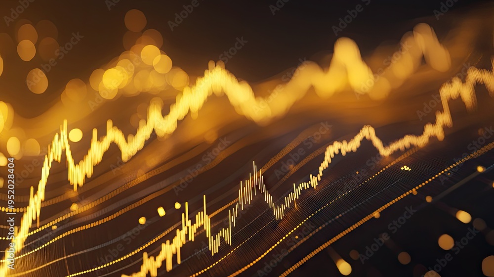Poster a detailed shot of a 3d line graph illustrating stock market performance, with golden lines and data