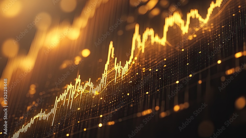 Poster a detailed shot of a 3d line graph illustrating stock market performance, with golden lines and data