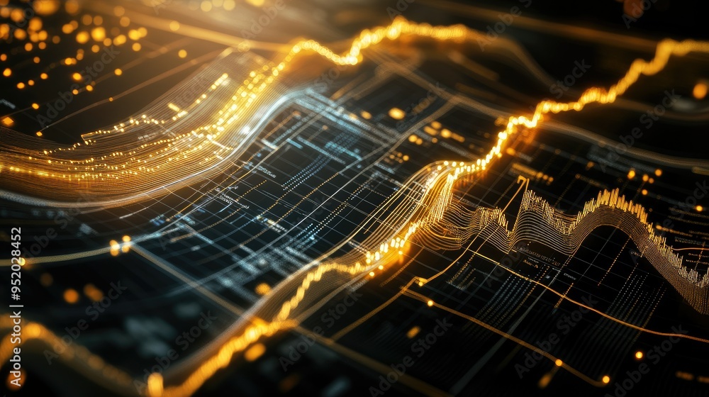 Poster a detailed shot of a 3d line graph illustrating stock market performance, with golden lines and data