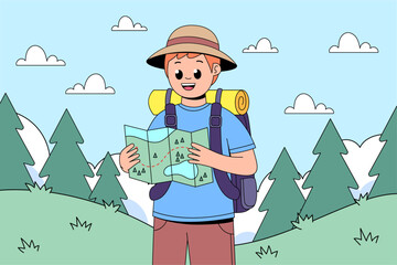 Man reading map with backpack 
