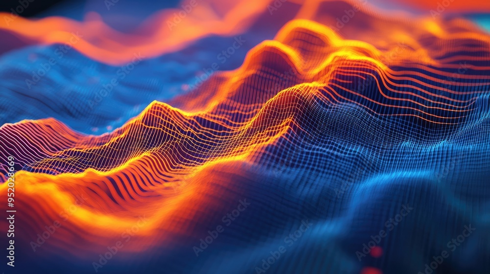 Poster a detailed shot of a 3d surface graph on a screen, with a topographic appearance and color gradients