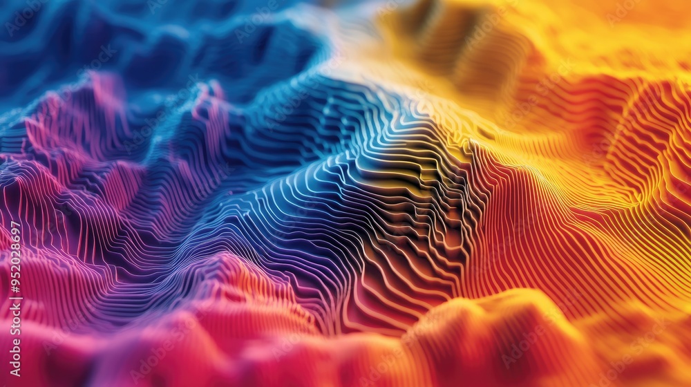 Poster a detailed shot of a 3d surface graph on a screen, with a topographic appearance and color gradients