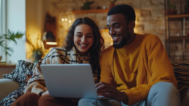 Young couple discussing finances with their advisor over a laptop in a cozy home setting.