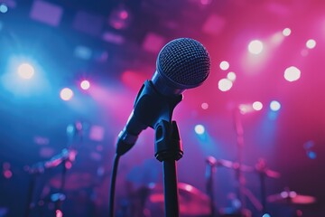 A singer on stage holds a shiny silver microphone with bright stage lights behind