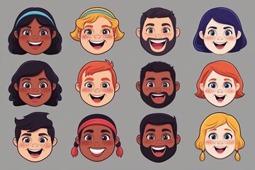 Vibrant Cartoon Character Illustrations: Playful Faces and Expressions Collection