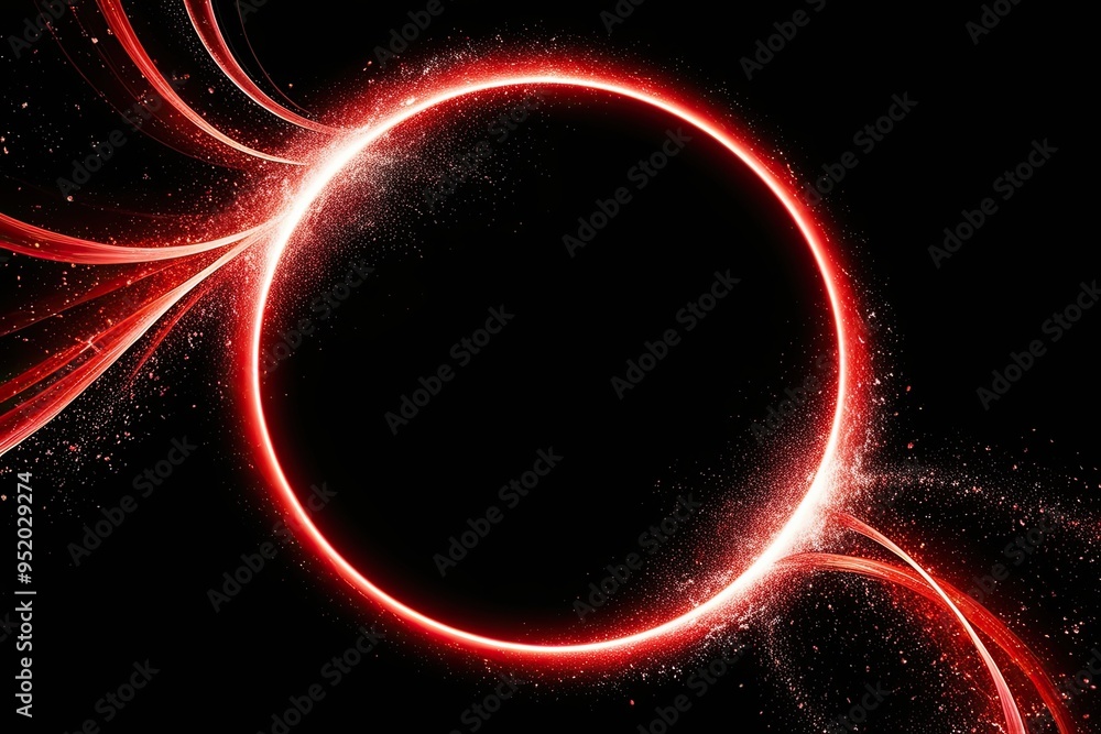 Poster red abstract circle with particle effects and swirling glow on black background