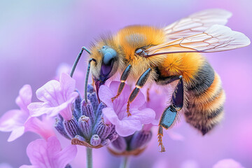 A close-up of a bee pollinating a lavender flower, isolated on a pastel lavender background,
