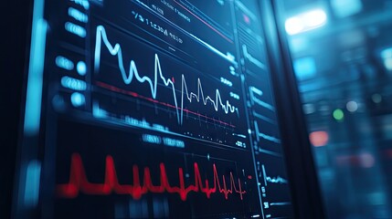 A detailed shot of a heart rate monitor screen with a visible heartbeat graph, highlighting the real-time display of heart rhythms in a clinical environment.