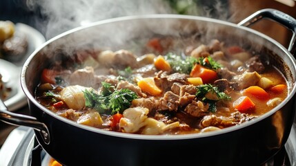 A detailed shot of a large stock pot filled with a hearty stew, with ingredients like vegetables and meat visible, and steam rising from the pot.