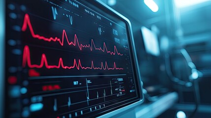 A detailed shot of a heart rate monitor screen with a visible heartbeat graph, highlighting the real-time display of heart rhythms in a clinical environment.