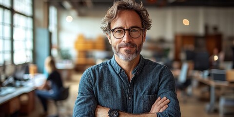 Obraz premium Portrait of a confident middle-aged man with glasses standing in a modern open office environment with an industrial design and blurred colleagues working in the background