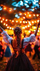 Young Woman in Traditional Dress Spinning Joyfully at Oktoberfest, Lights Aglow