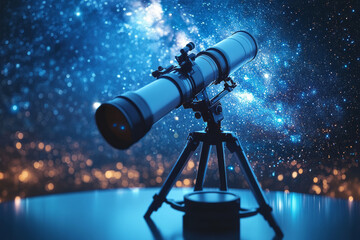 A telescope with a clear night sky showing constellations, isolated on a pastel blue background,