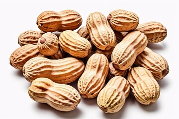A close-up shot of peanuts in their shells, arranged on a white background.