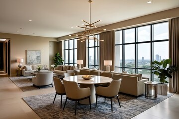 Fototapeta premium Elegant Beige Lounge with Dining Table, Chill Corner, and Expansive Window in Contemporary Interior Arrangement