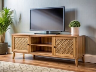 "A photo image of a wooden media cabinet with a clean and modern finish, featuring a sleek wooden frame and a subtle grain pattern, standing on a flat surface."