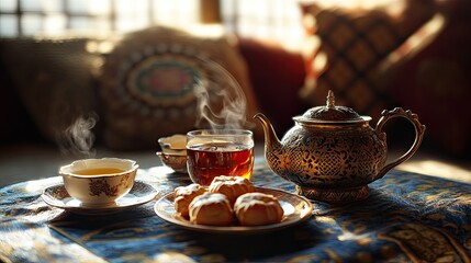 Fototapeta premium A detailed shot of a traditional tea setup with a pot of hot tea, cups, and a plate of pastries, highlighting the cultural and relaxing aspects of enjoying tea.