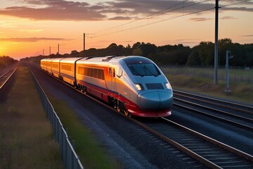 Fototapeta premium High-Speed Train Racing on Tracks at Sunset