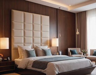 Obraz premium Stylish interior of contemporary bedroom with comfortable bed. Ai generated image