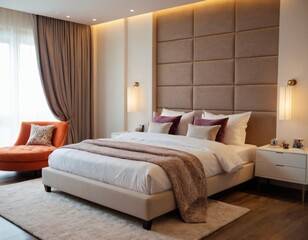 Stylish interior of contemporary bedroom with comfortable bed. Ai generated image