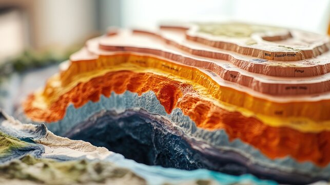 A detailed shot of an educational model of Earth's layers, including the crust, mantle, and core, with clear labels and a focus on geological structure.