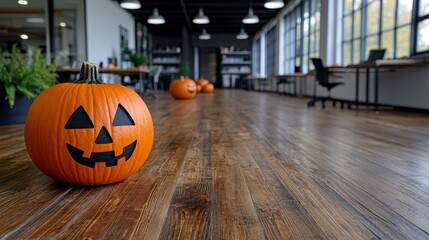 Obraz premium Decorative Halloween pumpkins with carved faces placed inside a modern, spacious office setting with large windows and wooden floors