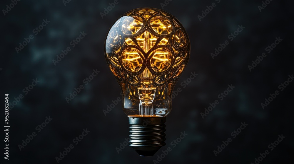 Poster a detailed shot of an led light bulb with a modern design, showing the intricate patterns and techno