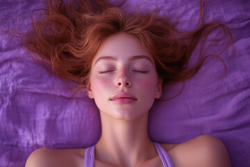 A person lying on a yoga mat, meditating with closed eyes, isolated on a pastel lavender background,