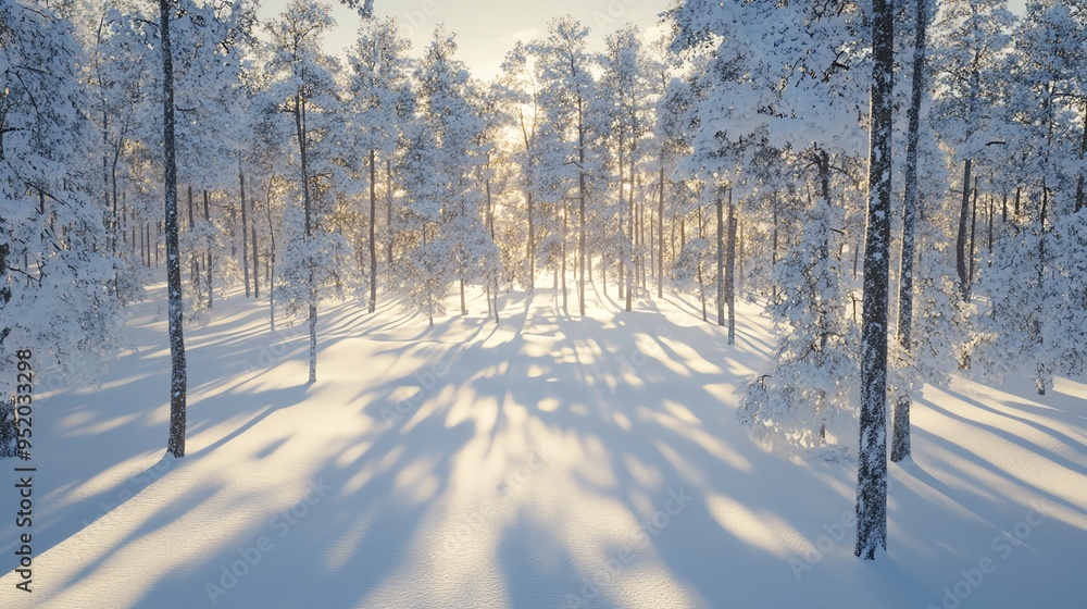 Poster a snowy forest scene with tall trees casting long shadows on the pristine white snow.