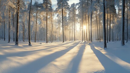 A serene winter scene with tall snow-covered trees casting long shadows on a pristine blanket of white snow.