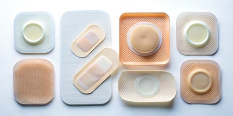 A subtle gradient of hydrogel dressings in various sizes and shapes, showcasing versatility and flexibility