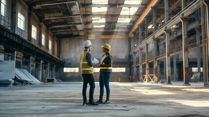 Architects Planning Renovation of Industrial Warehouse into Modern Urban Office Space