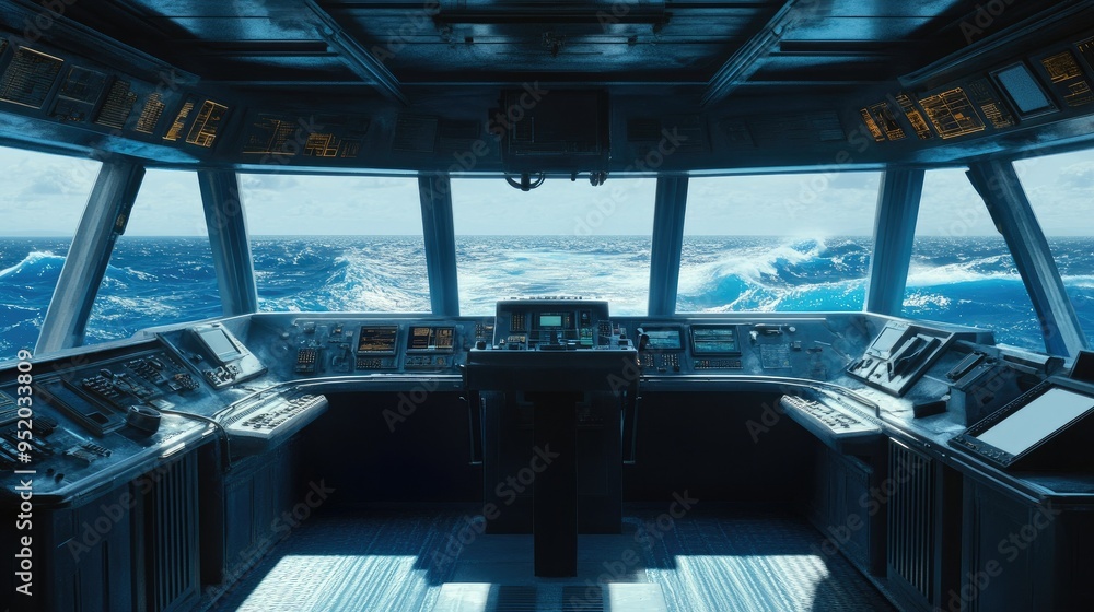 Poster a detailed view of a large bridge, with the captain and crew visible through the windows as they nav