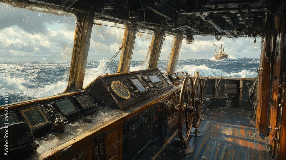 Poster a detailed view of a large bridge, with the captain and crew visible through the windows as they nav
